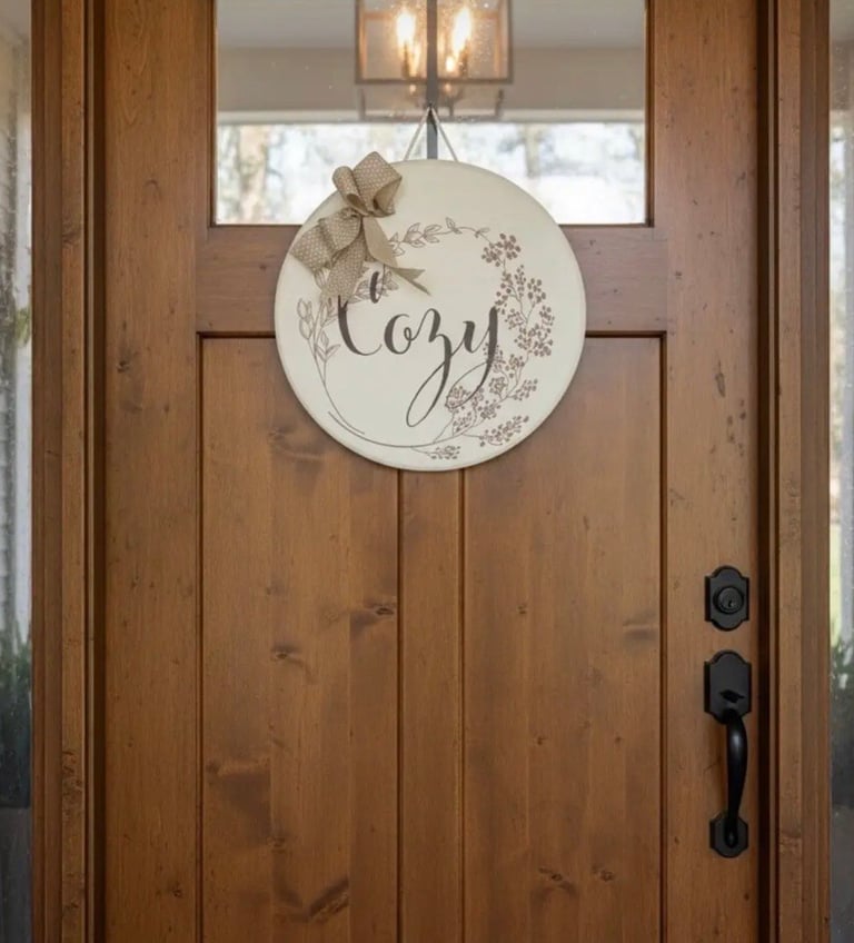 Round white door wreath with Cozy text and floral design, tied with tan ribbon on wooden front door