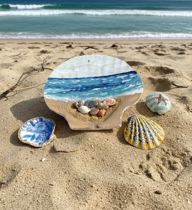 Artistic beach scene with hand-painted seashells and a wave mural on sand, arranged with decorative shells and pebbles